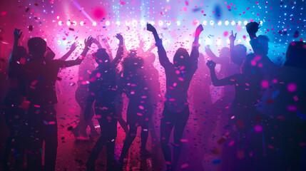 Fototapeta na wymiar Silhouetted figures dance and celebrate under vibrant lights and falling confetti at a lively party.