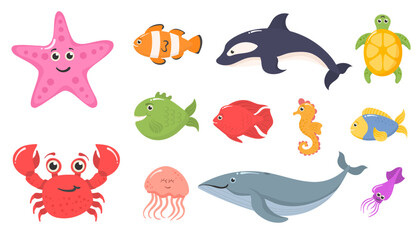 Set of funny ocean animals isolated on a white background. Sea creatures. Marine animals and aquatic plants. Underwater creature set vector isolated. Funny cartoon character. Vector illustration.  © Little Monster 2070
