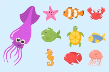 Papier Peint photo Vie marine Set of funny ocean animals isolated on a white background. Sea creatures. Marine animals and aquatic plants. Underwater creature set vector isolated. Funny cartoon character. Vector illustration. 