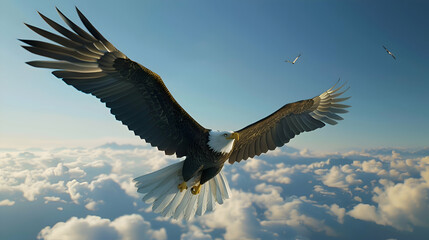 A majestic bald eagle soaring through a clear blue sky