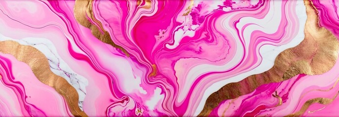 abstract liquid art painting using alcohol ink technique, liquid art, liquid oil. Abstract marble waves painted with pink and gold. Wide banner, panorama. Concept design, print, background