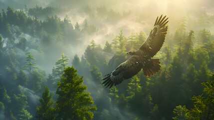A majestic eagle soaring high above the forest canopy - obrazy, fototapety, plakaty