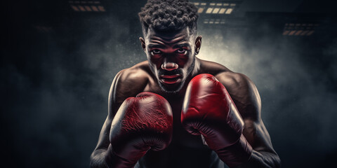 Fototapeta na wymiar Handsome black man boxer athlete. Sports, diversity and inclusion concept. Related to the themes of star, celebrity, fame, recognition, admiration, applause, celebration, jubilation, triumph, conquer