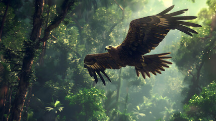 A majestic eagle soaring high above the forest canopy - obrazy, fototapety, plakaty