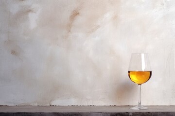Single glass of glowing amber wine against a mottled cream wall. Solitary Wine Glass on Textured Backdrop - obrazy, fototapety, plakaty