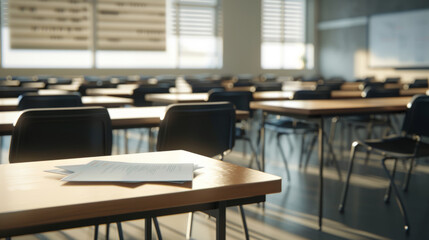 Stacks of papers rest on the polished surface of a desk in a sunlit, serene classroom.