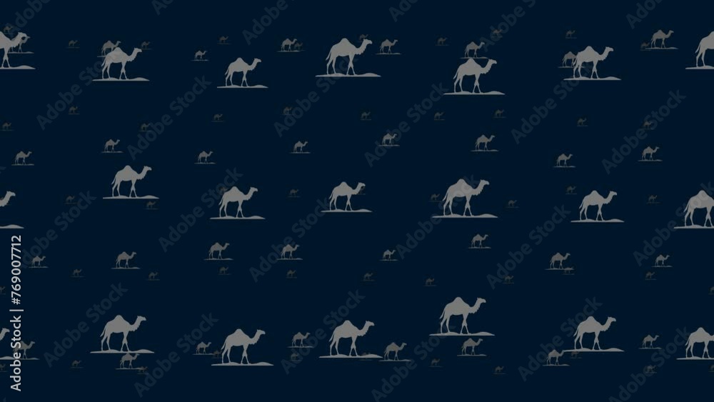 Poster wild camel symbols float horizontally from left to right. parallax fly effect. floating symbols are 