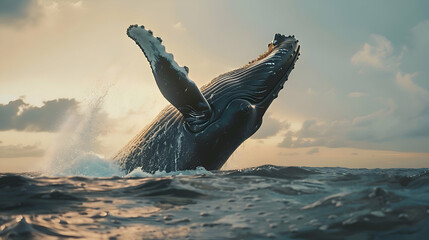 A majestic humpback whale breaching out of the ocean - obrazy, fototapety, plakaty