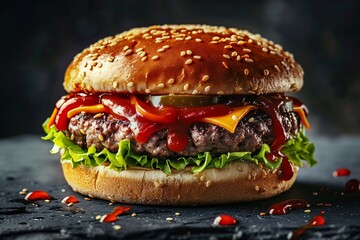 a cheeseburger with ketchup and pickle - obrazy, fototapety, plakaty
