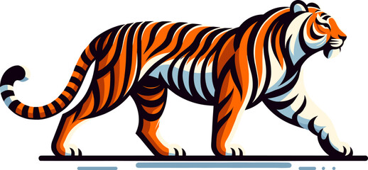 Vibrant orange-striped tiger, gracefully walking against a minimalist background in a flat vector style.