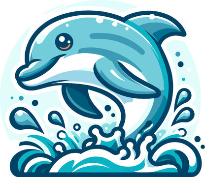 Vector of a playful dolphin leaping out of the water, capturing the splash and joy, set against a minimalist background.
