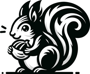 Vector illustration in black and white of a squirrel clutching a nut, focusing on its bushy tail and curious eyes.