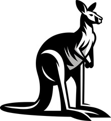 A kangaroo stands tall in this vector illustration focusing on its muscular tail and pouch in black and white