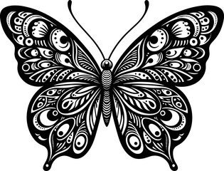 A vector illustration capturing the delicate symmetry of a butterfly's form, detailed wing patterns in black and white.