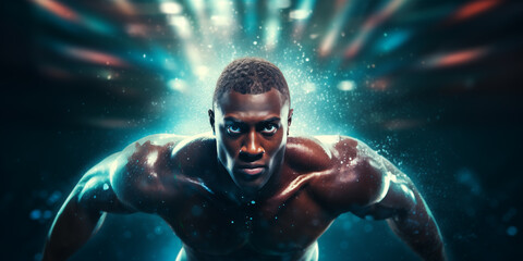 Obraz na płótnie Canvas Handsome black man swimmer athlete. Sports, diversity and inclusion concept. Related to the themes of spirit, camaraderie, brotherhood, sisterhood, grace, elegance, poise, form, technique, skill