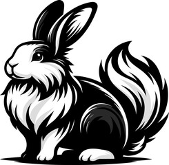 Black and white vector design of a rabbit in a playful stance, highlighting its fluffy tail and long ears.