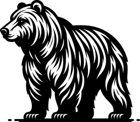 A detailed vector illustration in black and white of a bear standing, highlighting its strength and the depth of its fur.