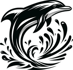 Black and white vector artwork of a dolphin leaping out of the water showcasing its sleek form against the dynamic splash created.