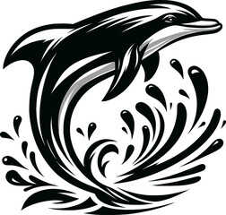 Obraz premium Black and white vector artwork of a dolphin leaping out of the water showcasing its sleek form against the dynamic splash created.