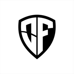 OF monogram logo with bold letters shield shape with black and white color design