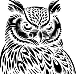Intricately patterned black and white vector illustration of an owl perched, focusing on its penetrating gaze.