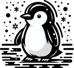 Vector art of a penguin standing on ice, focusing on its adorable posture, in black and white