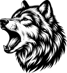 Black and white vector of a wolf in mid-howl with detailed fur texture