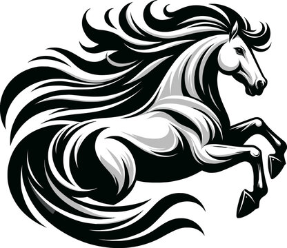 A striking black and white vector image showcasing a horse in full gallop with its mane and tail flowing capturing the essence of its dynamic and majestic motion.