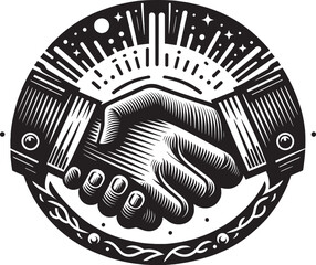 Black vector illustration on white background of a handshake, capturing the essence of agreements, partnerships, and cooperation for business themes.