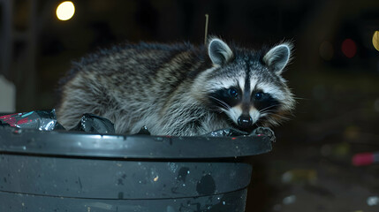 A mischievous raccoon raiding a garbage bin at night - obrazy, fototapety, plakaty