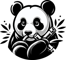 Vector art of a panda in a peaceful pose eating bamboo, in black and white