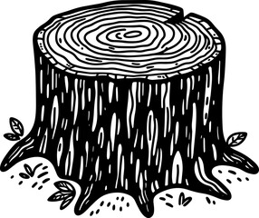 Black vector illustration on white background of a tree stump, detailed for nature, growth, and environmental conservation themes.