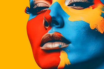 A woman's face is painted in a colorful abstract style.