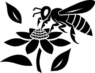 Black vector illustration on white background of a bee hovering over a flower, capturing the essence of pollination and nature for environmental themes.