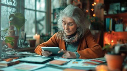 A senior woman with gray hair is deeply focused on a digital tablet, surrounded by the warmth of indoor plants and soft lighting in her tranquil home.