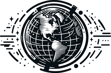 Black vector illustration on white background of a globe, detailed for travel, global issues, and education themes.
