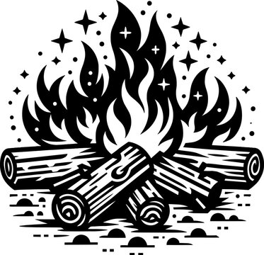Black vector illustration on white background depicting a campfire with flames and logs, for camping themes.