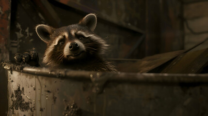 A mischievous raccoon raiding a garbage bin at night - obrazy, fototapety, plakaty