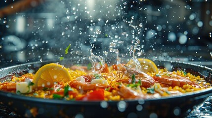 Sizzling Seafood Paella in Pan - obrazy, fototapety, plakaty