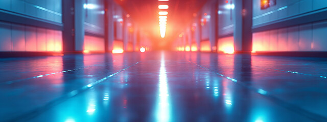 Medical and hospital neon color corridor on blurred and defocused background.