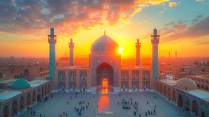 Iconic view of central Asia mosque at sunset, inspired by isphahan culture. Travel, culture and education concept  - 769008939