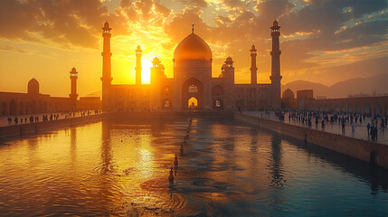 Iconic view of central Asia mosque at sunset, inspired by isphahan culture. Travel, culture and education concept  - obrazy, fototapety, plakaty