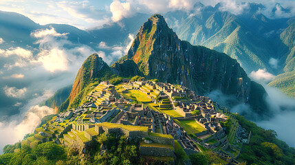 Ancient city in Peru, archeological site in the middle of  tropical mountain forest, beautiful panorama with mountains and clouds - obrazy, fototapety, plakaty