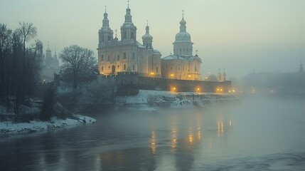 Fototapeta na wymiar Old Russian medieval monastery situated on river or lake island at early morning mist and fog with gentle sunrise light