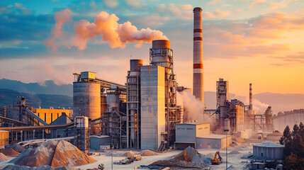 Industrial panorama of a modern Cement factory, heavy industrial complex, dramatic panorama with environmental and eco concept.  - obrazy, fototapety, plakaty