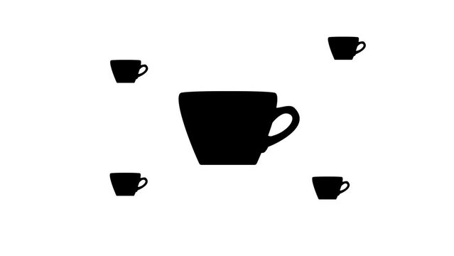 Zoom in and out animation the coffee cup symbol. Large black symbol in the center and four small symbols around. Seamless looped 4k animation on white background
