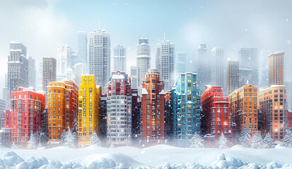 Beautiful modern city view at winter, skyscrapers and periodic buildings at the front. 