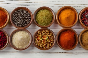 Indian colored spices in small flat ley bowls, India.