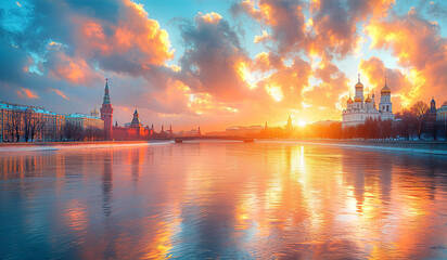 Complex of Russian churches with golden domes on the river at beautiful golden sunset time. Travel...