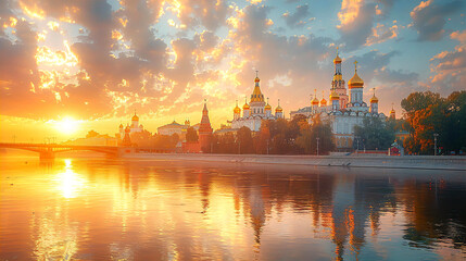 Naklejka premium Complex of Russian churches with golden domes on the river at beautiful golden sunset time. Travel and culture concept 